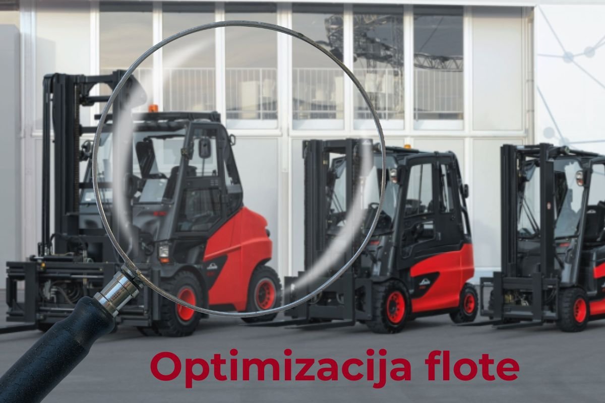 Pogled na tri Linde viljuškara ispred skladišta pod lupom sa natpisom u donjem delu slike "Optimizacija viljuškara"