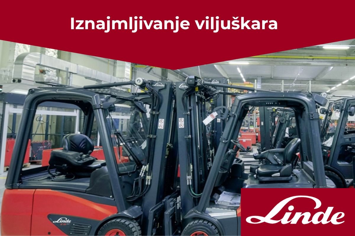 Poredjani viljuškari za iznajmljivanjem sa natpisom "Iznajmljivanje viljuškara" i Linde logo u donjem desnom ćošku