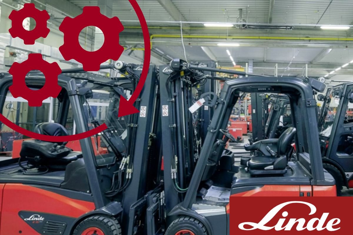 Linde viljuškari u skladištu sa znakom optimizacije koji simbolise optimizaciju flote viljuškara sa Linde logom u donjem desnom uglu