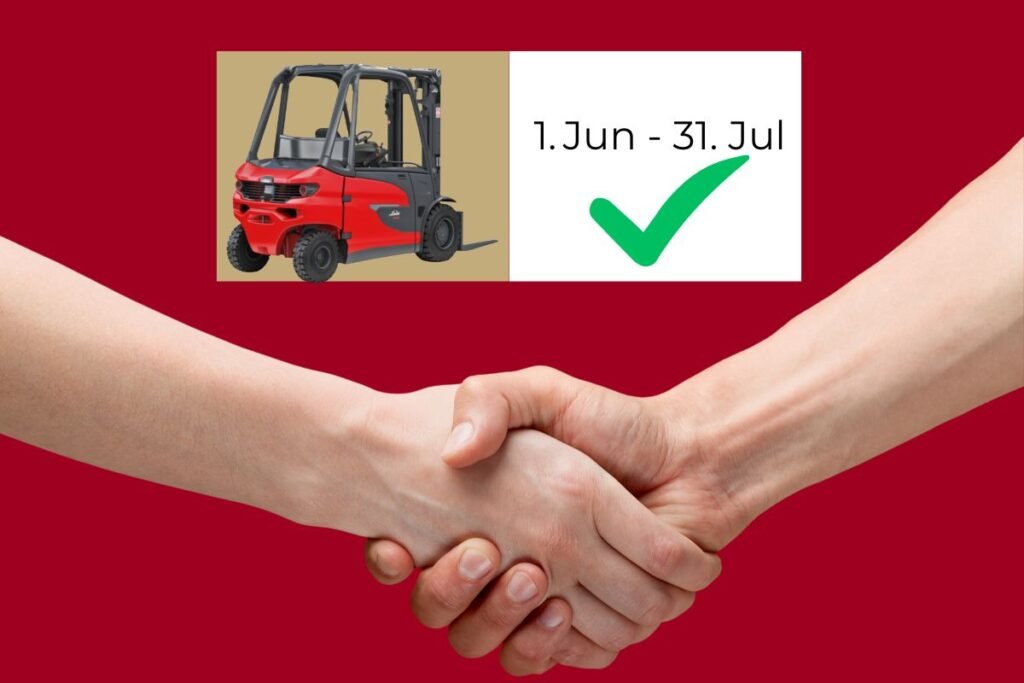 Dogovor o sezonskom najmu viljuškara od 1. juna do 31. jula, prikazano rukovanjem, slikom crvenog viljuškara i zelenom potvrdom