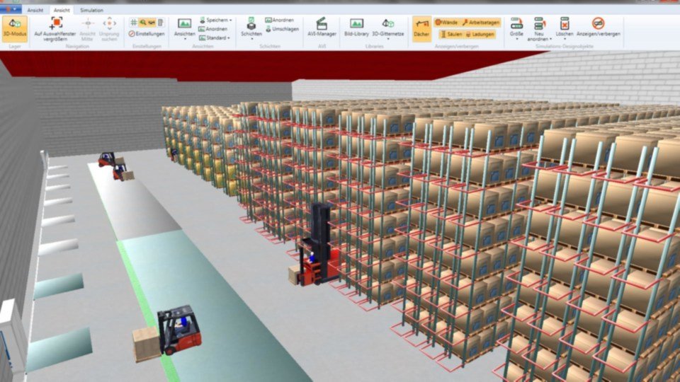 Grafički prikaz 3D planiranja optimizacije tokova materijala u Lindeovom softveru Stratos