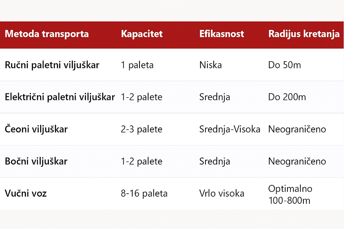 Efikasnost vučnih vozova prikazana tabelarno kroz komparaciju sa tradicionalnim metodama transporta. 