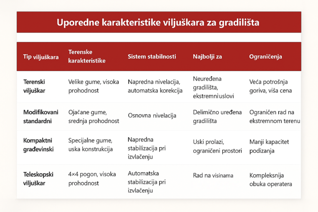 Tabelarni prikaz komparacije viljuškara za gradilište.