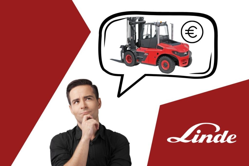 Muškarac zamišljenog izraza gleda ka oblačiću sa slikom crvenog Linde viljuškara i simbolom evra, što simbolizuje razmišljanje o ceni viljuškara.