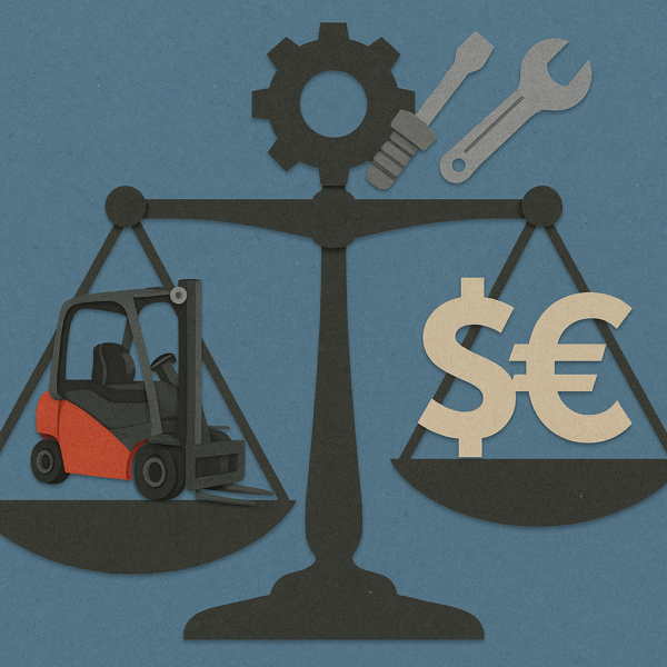 Vaga sa viljuškarem na jednom tasu i simbolom za dolar i euro na drugom tasu