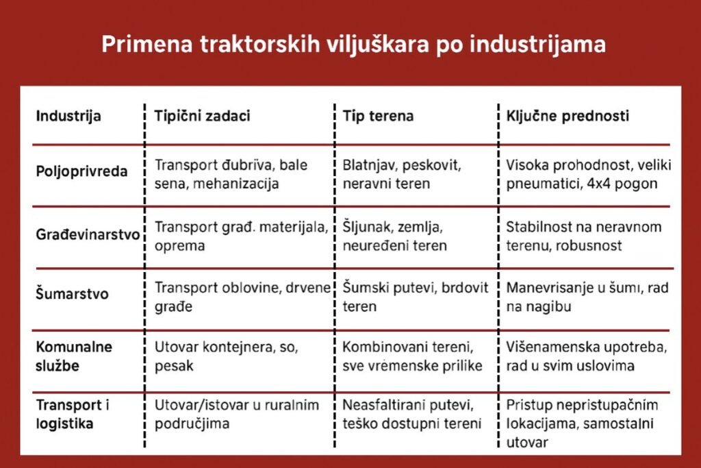 Vizuelni prikaz korišćenja traktorskih viljuškara po industrijama. 
