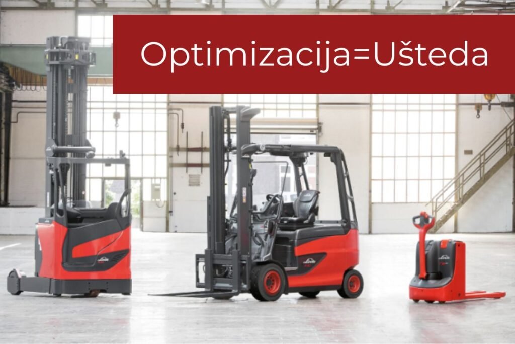 Tri modela Linde viljuškara poređana u magacinskom prostoru sa natpisom Optimizacija = Ušteda